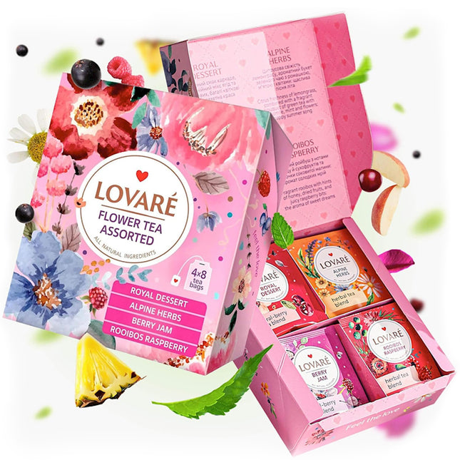 Gift Pack Assorted Flower Tea 4 Flavors, Lovare, 32 Sachets