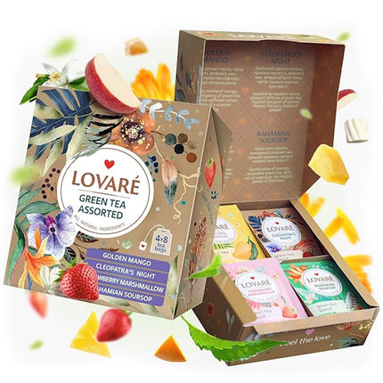 Gift Pack Assorted Flavored Green Tea 4 Flavors, Lovare, 32 sachets