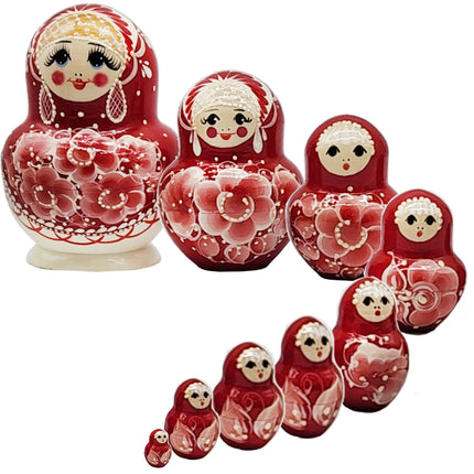 Matryoshka Nesting Doll "Red Flowers", Height 15cm, 9 Dolls