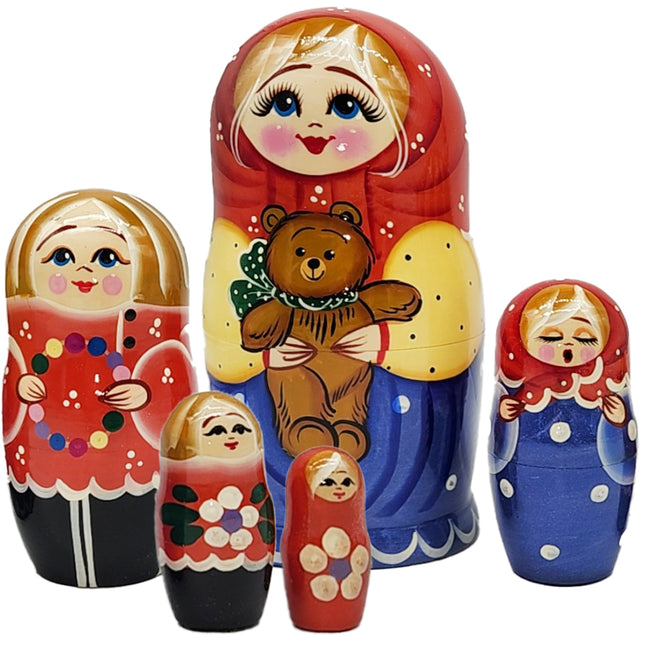 Matryoshka Nesting Doll "Alenka & Teddy", Height 17cm, 5 Dolls