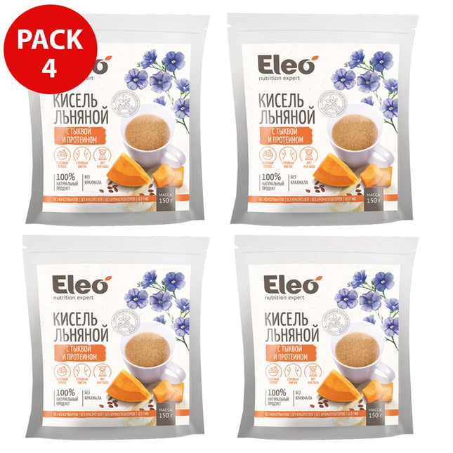 PACK 4 Flaxseed Jelly Drink Kissel with Pumpkin Pulp & Protein, Eleo, 150g x 4