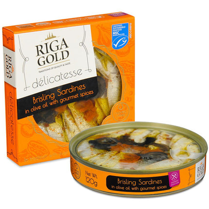 Bristling Sardines In Olive Oil w/ Gourmet Spices, Riga Gold, 120g/ 4.23oz